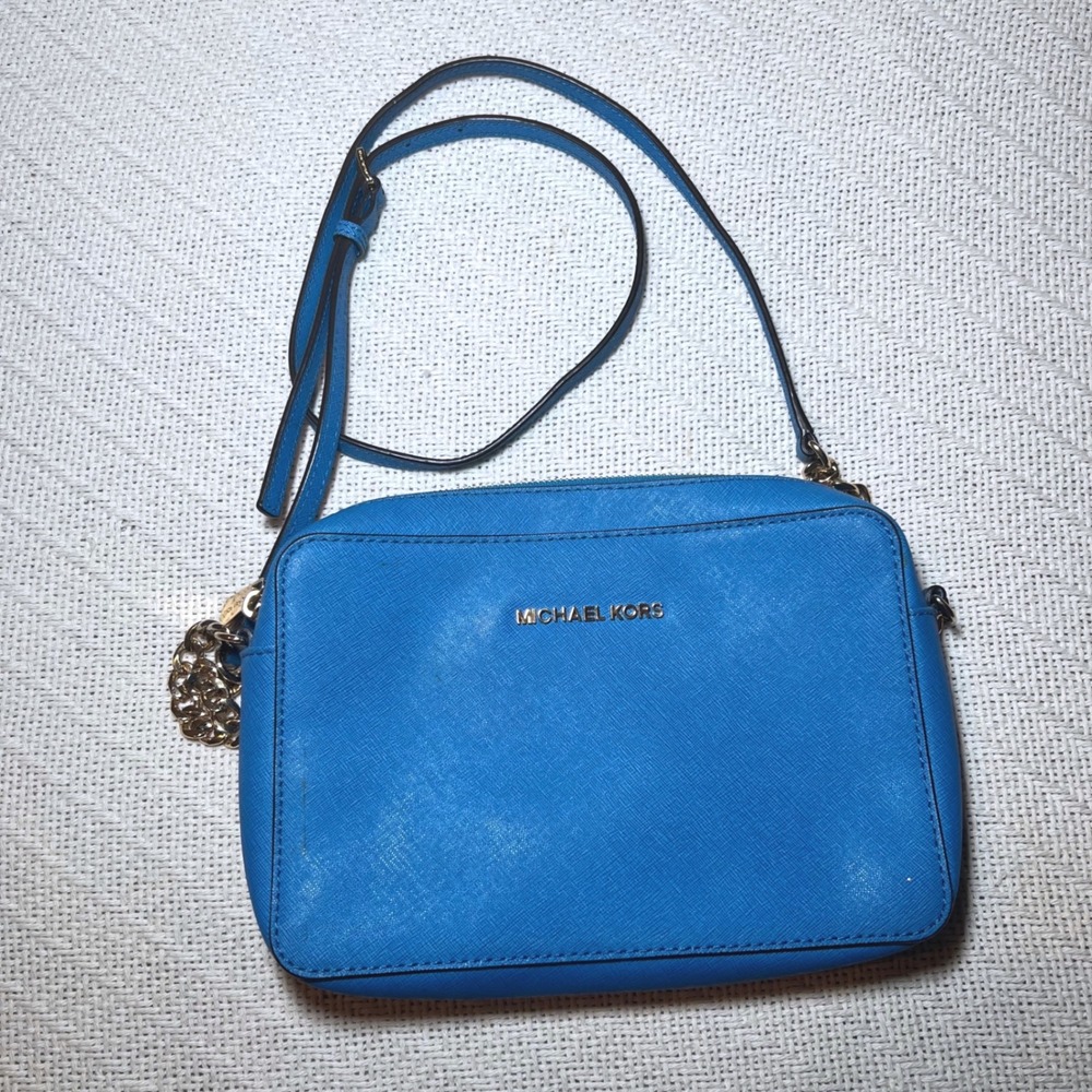 Michael Kors Jet Set East West Crossbody Bag Blue Saffiano Leather Gold Hardware - Picture 3 of 10